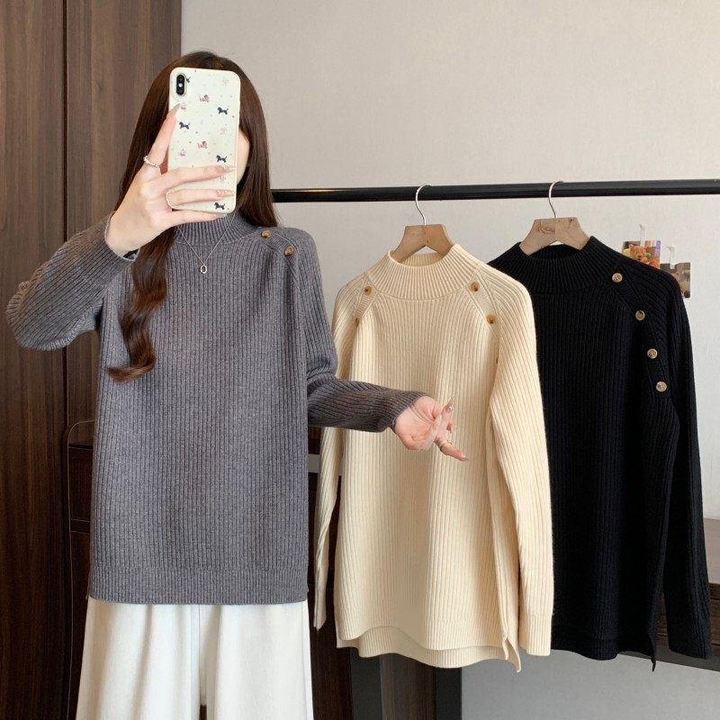 大码女装2025秋冬新款时尚百搭中领一排扣插肩袖套头长袖上衣毛衣,淘宝优惠券,粉丝福利购,淘宝优惠卷