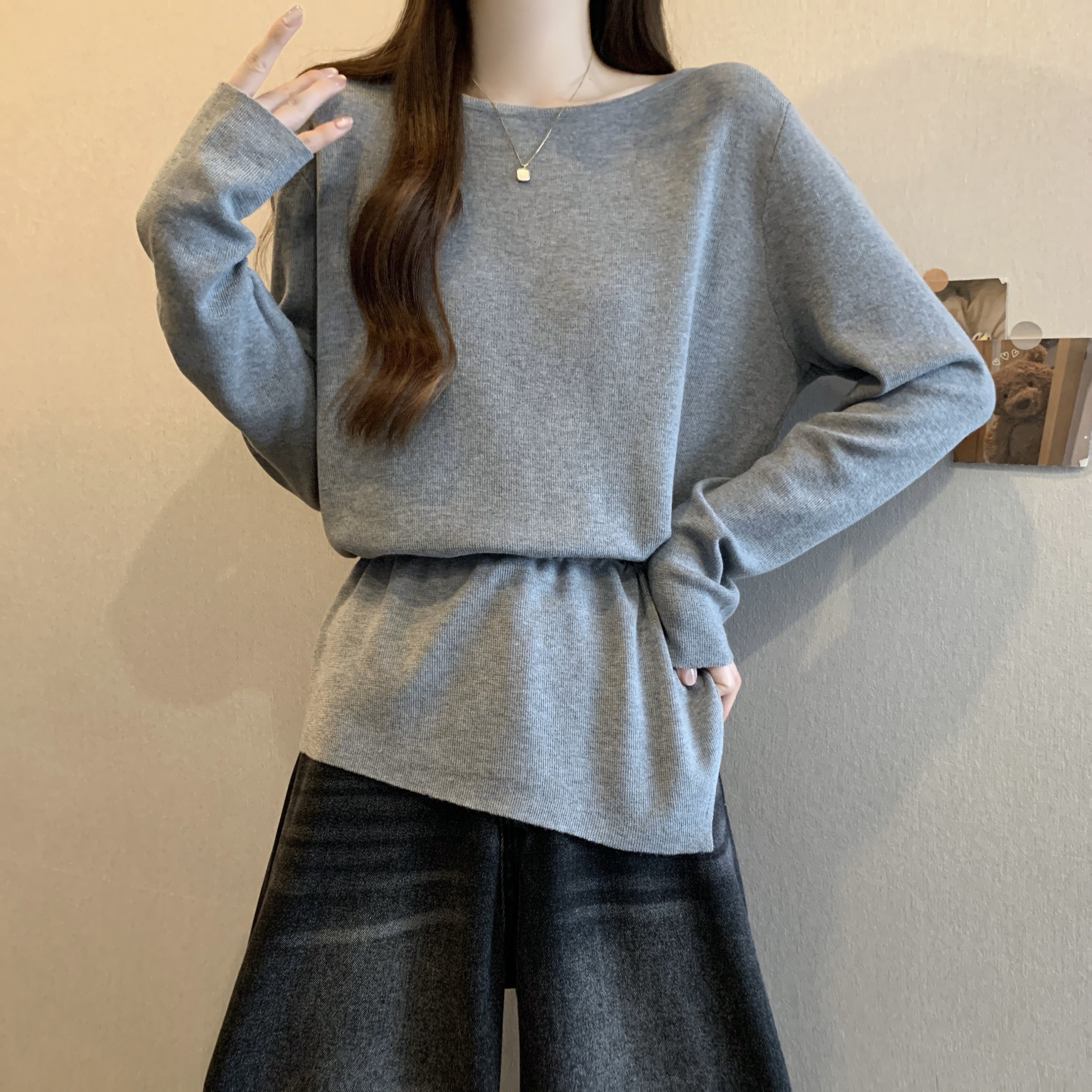 大码女装柔糯长袖针织T恤女秋冬新款胖MM时尚百搭抽绳收腰打底衫,淘宝优惠券,粉丝福利购,淘宝优惠卷