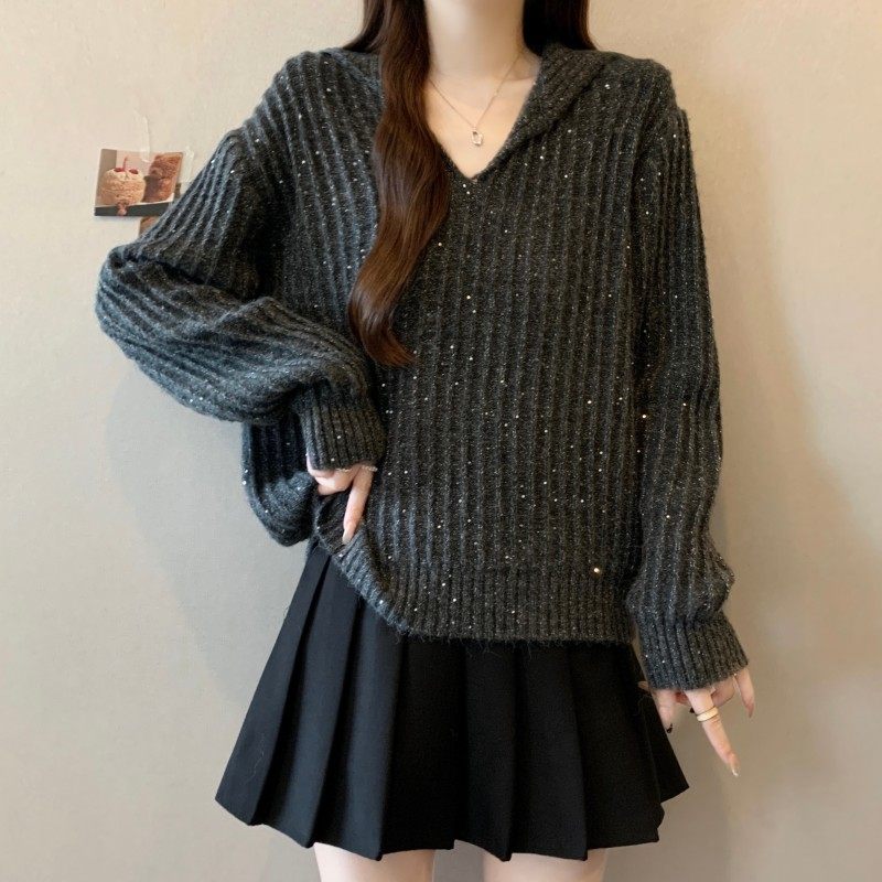 大码女装2025秋冬新款时尚百搭剪刀领正肩亮片纱长袖套头上衣毛衣,淘宝优惠券,粉丝福利购,淘宝优惠卷