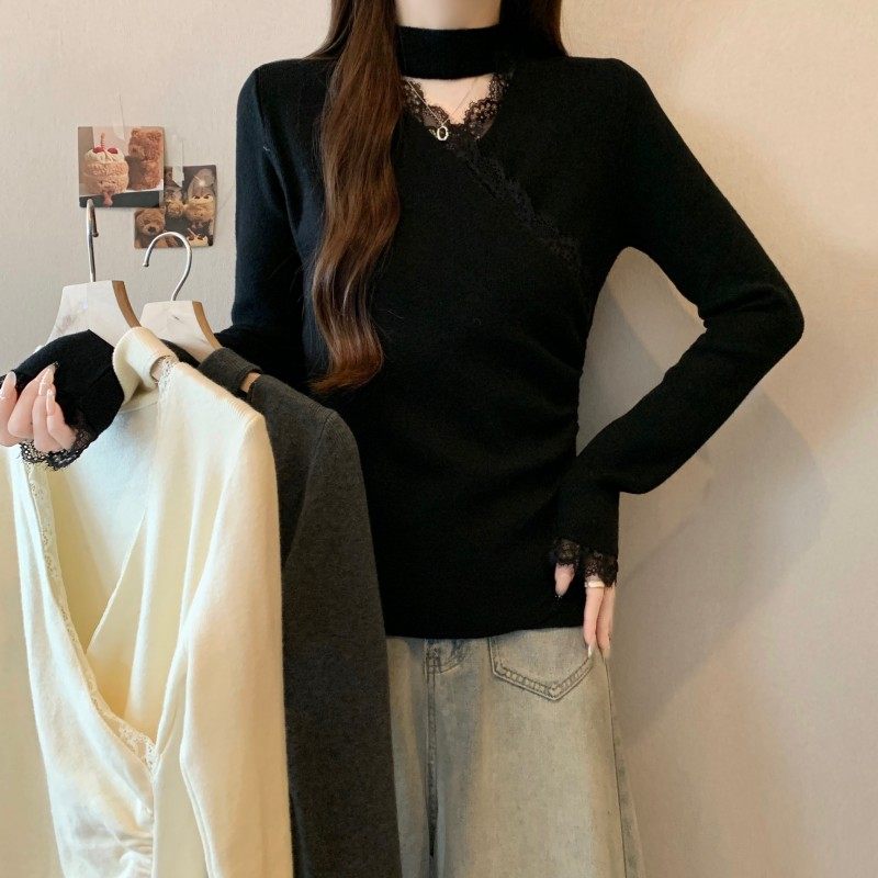 大码女装2025秋冬新款胖MM脖套镂空蕾丝交叉领长袖打底针织衫毛衣,淘宝优惠券,粉丝福利购,淘宝优惠卷