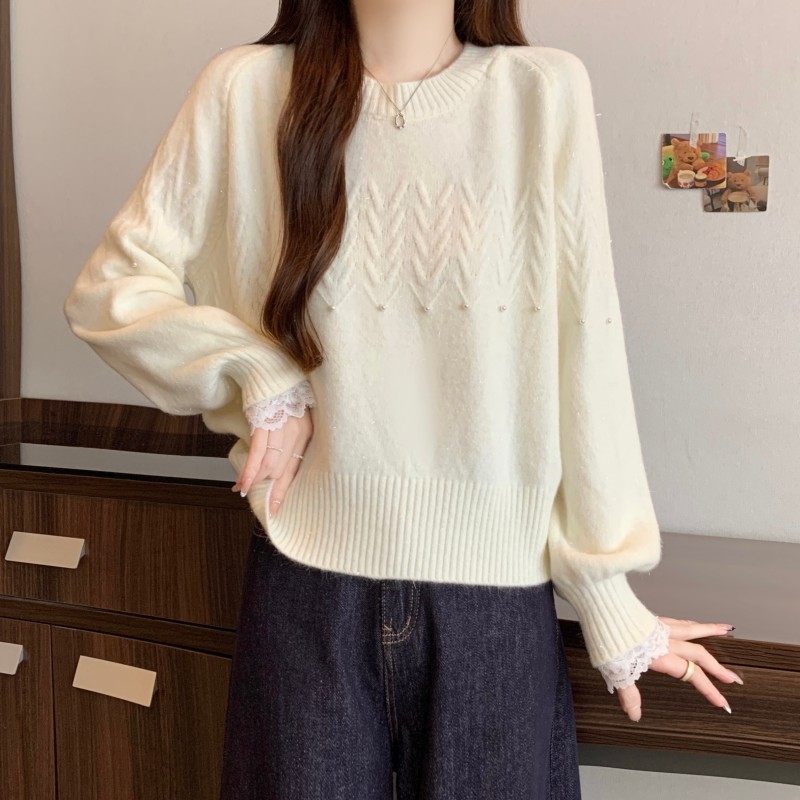 胖MM大码女装2025秋冬新款过年红圆领钉钻蕾丝拼接袖长袖套头毛衣,淘宝优惠券,粉丝福利购,淘宝优惠卷