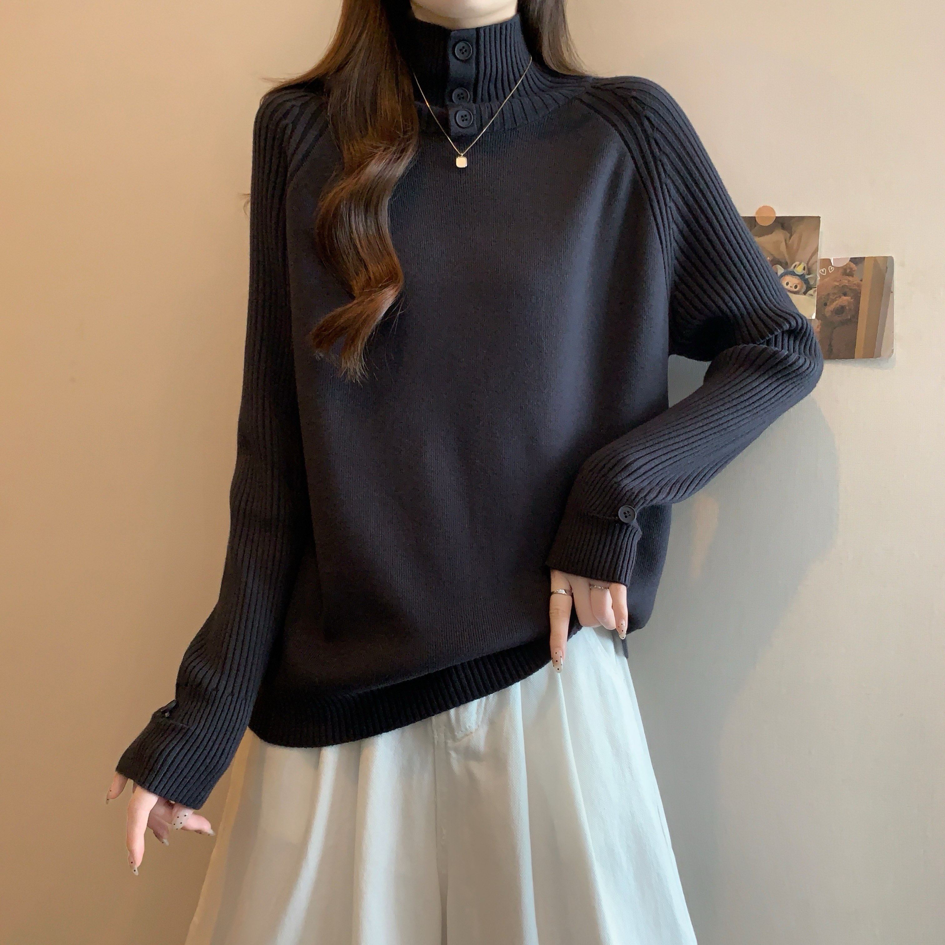 大码女装堆堆领毛衣女秋冬胖MM加厚纽扣内搭长袖上衣针织打底衫潮,淘宝优惠券,粉丝福利购,淘宝优惠卷