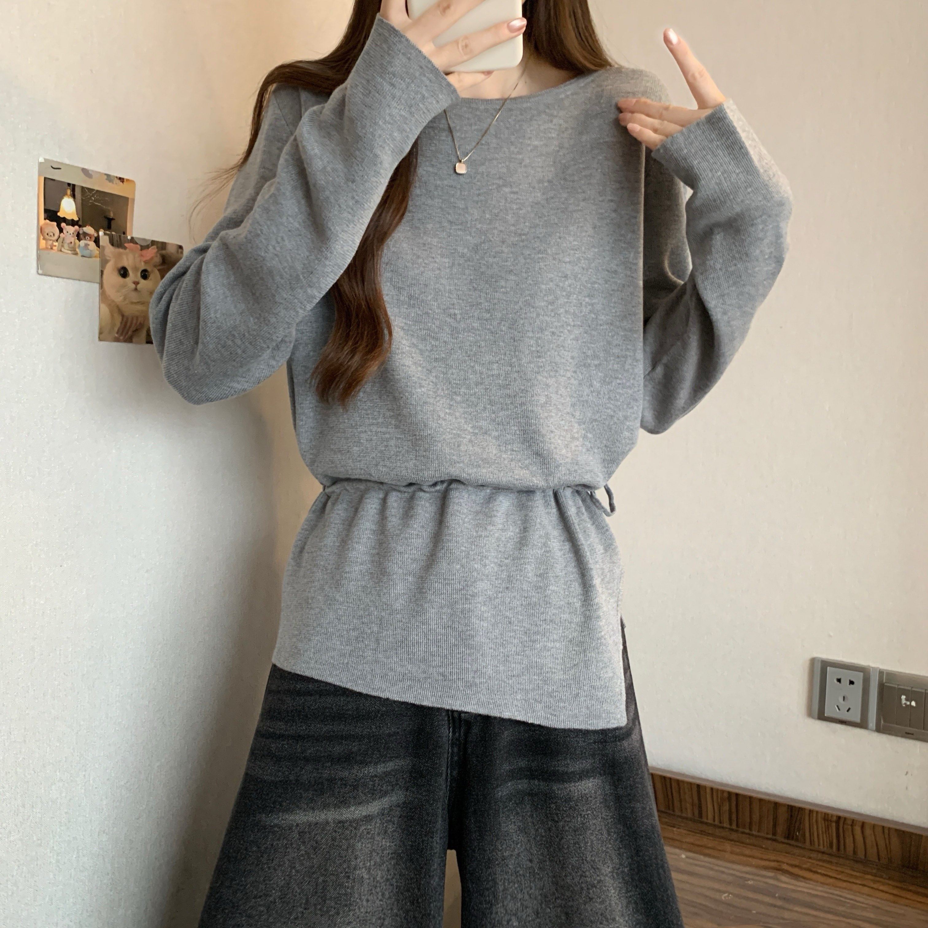 大码女装柔糯长袖针织T恤女秋冬新款胖MM时尚百搭抽绳收腰打底衫,淘宝优惠券,粉丝福利购,淘宝优惠卷