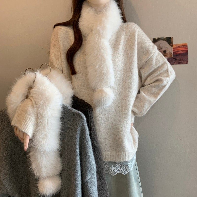 大码女装2025秋冬新款胖MM圆领拼接蕾丝下摆法式毛领长袖套头毛衣,淘宝优惠券,粉丝福利购,淘宝优惠卷