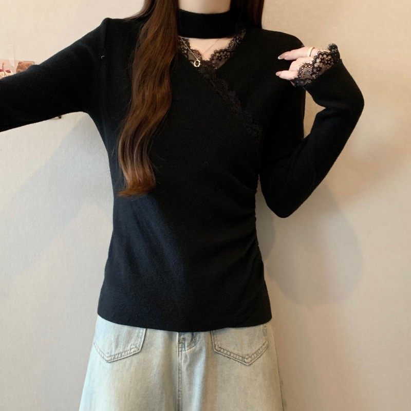 大码女装2025秋冬新款胖MM脖套镂空蕾丝交叉领长袖打底针织衫毛衣,淘宝优惠券,粉丝福利购,淘宝优惠卷