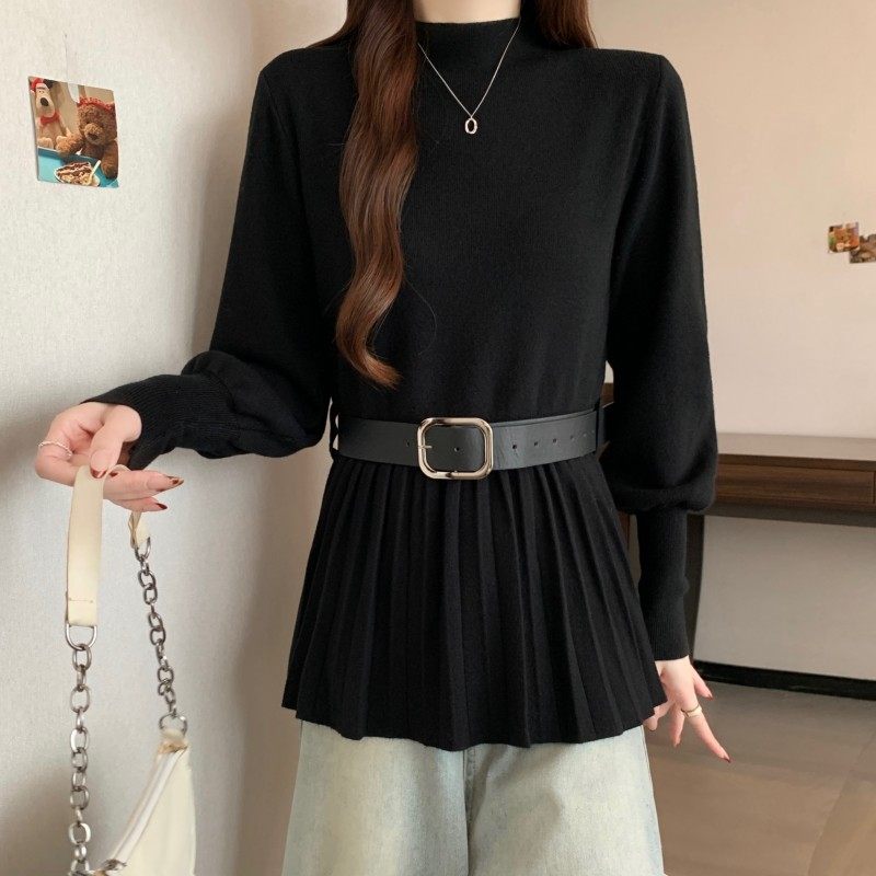 大码女装2025秋冬新款胖MM中领收腰皮带百褶正肩长袖套头上衣毛衣,淘宝优惠券,粉丝福利购,淘宝优惠卷