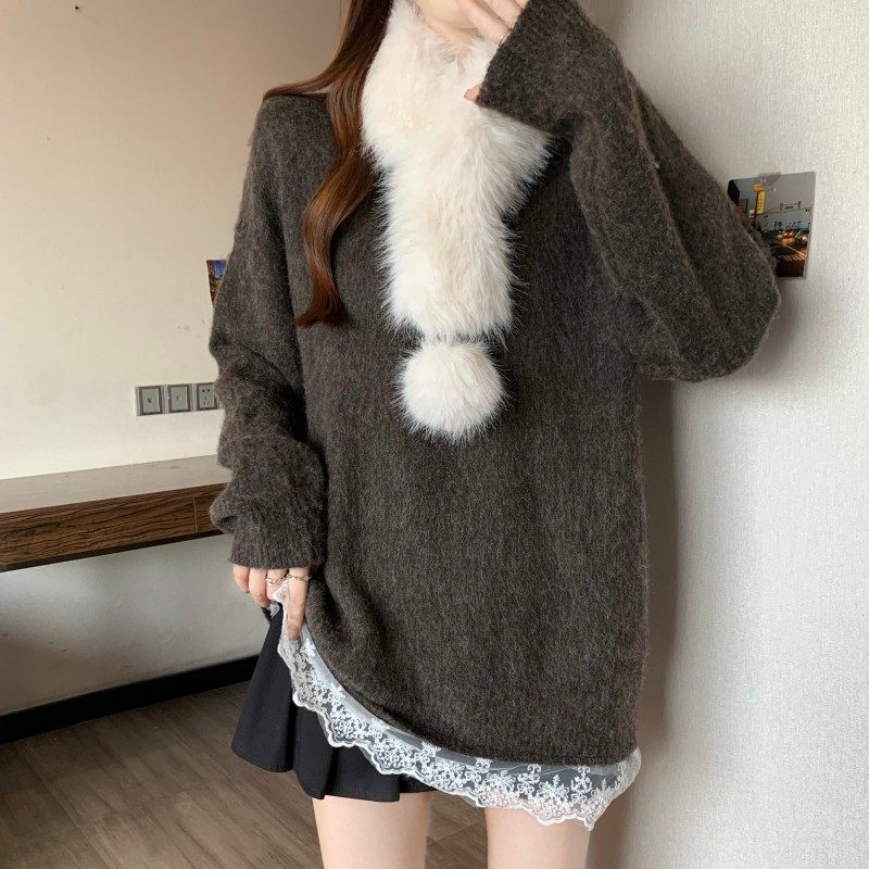 大码女装2025秋冬新款胖MM圆领拼接蕾丝下摆法式毛领长袖套头毛衣,淘宝优惠券,粉丝福利购,淘宝优惠卷