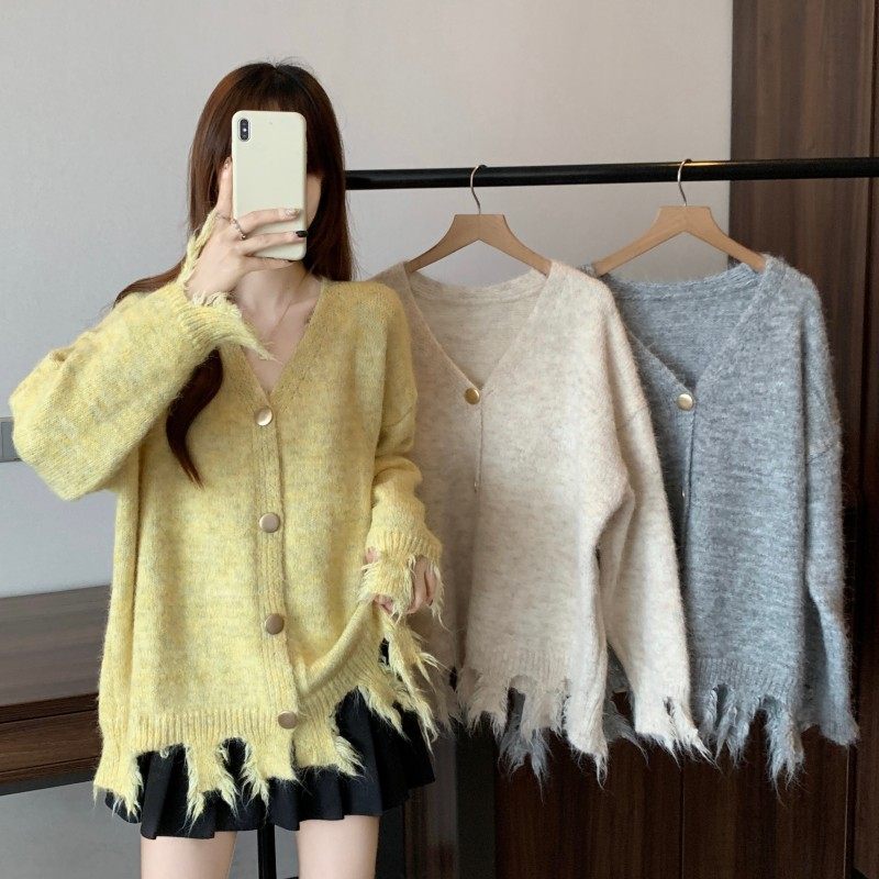 大码女装2025秋季新款胖MM小香风设计感流苏下摆V领开衫长袖毛衣,淘宝优惠券,粉丝福利购,淘宝优惠卷