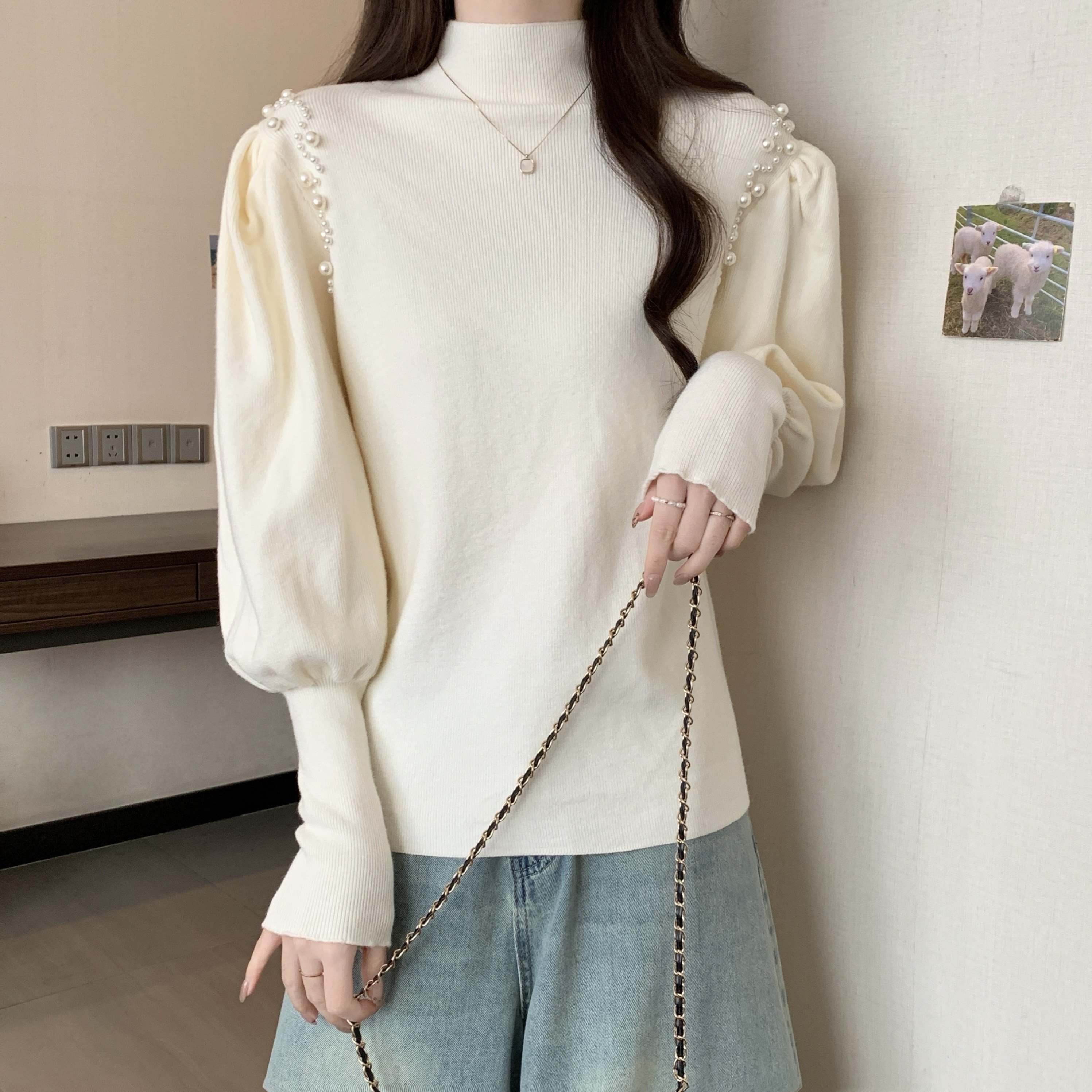 大码女装2025秋冬新款半高领毛衣胖MM百搭上衣钉珠内搭长袖打底衫,淘宝优惠券,粉丝福利购,淘宝优惠卷