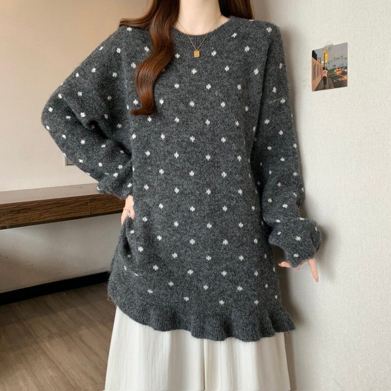 大码女装2025秋冬新款过年红圆领荷叶边下摆遮屁股长袖套头毛衣潮,淘宝优惠券,粉丝福利购,淘宝优惠卷