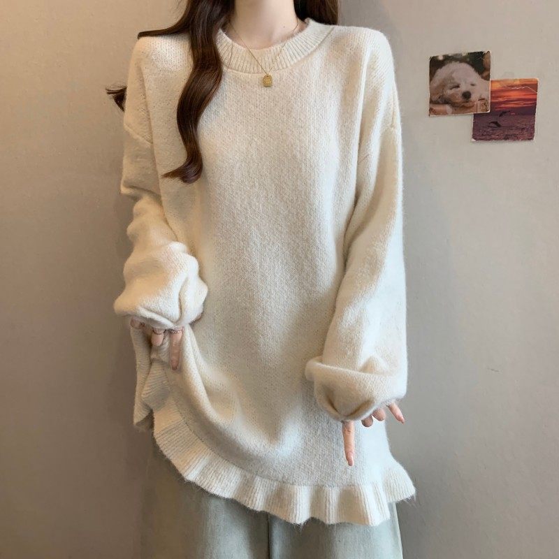 大码女装2025秋冬新款过年红圆领荷叶边下摆遮屁股长袖套头毛衣潮,淘宝优惠券,粉丝福利购,淘宝优惠卷