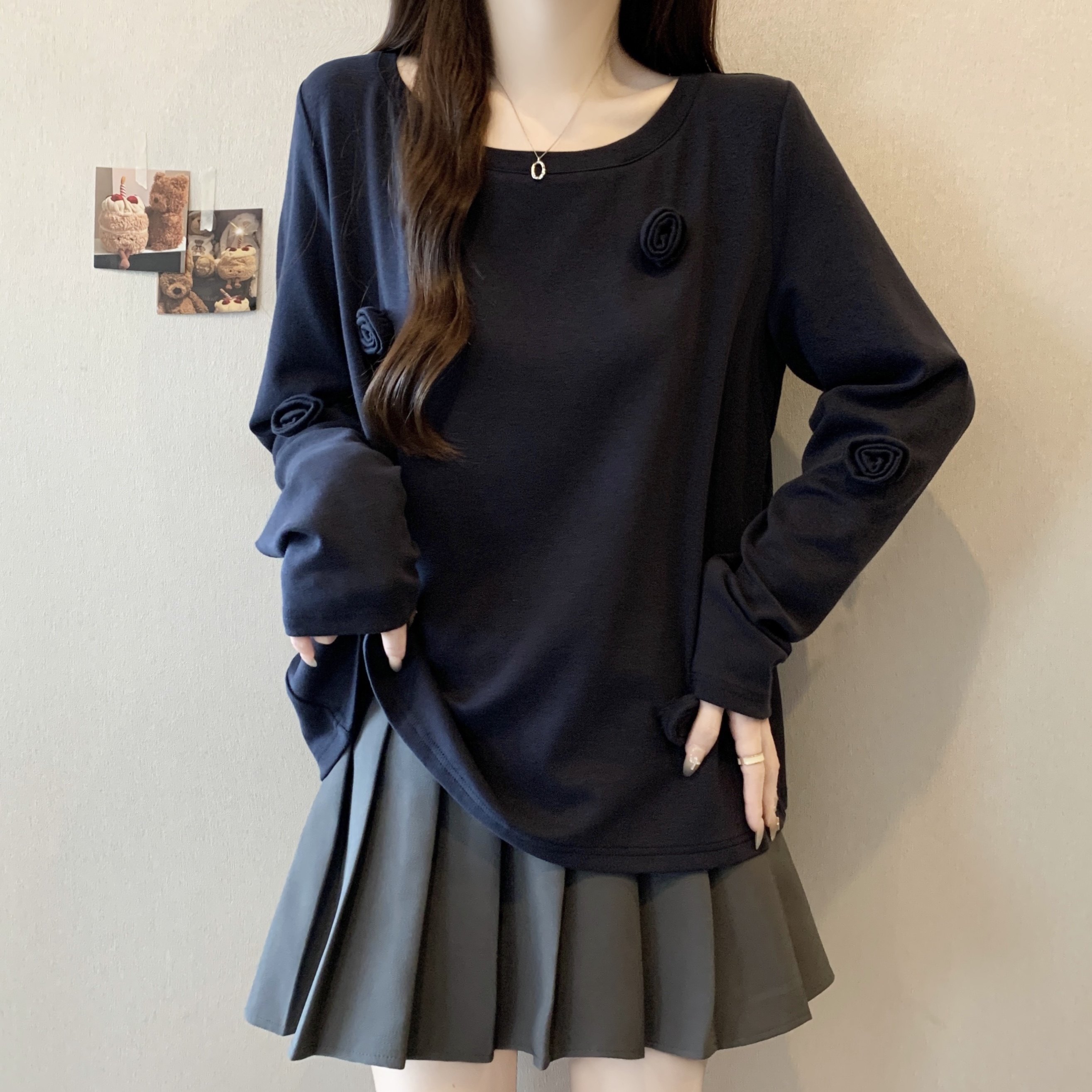 大码女装胖mm深蓝色时尚百搭长袖T恤秋季新款内搭立体花朵上衣潮,淘宝优惠券,粉丝福利购,淘宝优惠卷