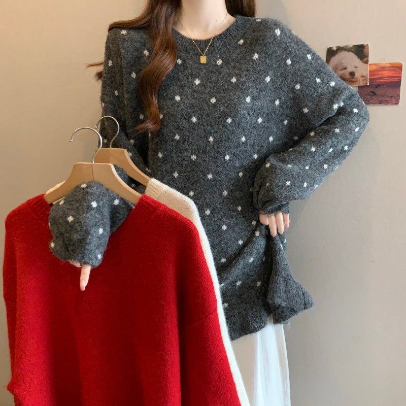 大码女装2025秋冬新款过年红圆领荷叶边下摆遮屁股长袖套头毛衣潮,淘宝优惠券,粉丝福利购,淘宝优惠卷