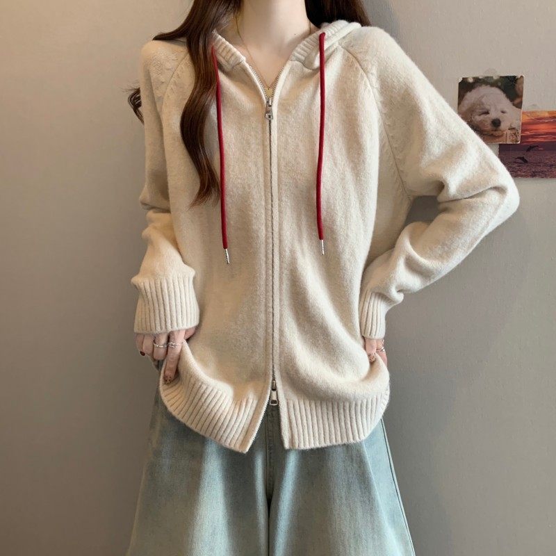 大码女装2025秋季新款时尚百搭连帽红绳双拉链插肩袖开衫长袖毛衣,淘宝优惠券,粉丝福利购,淘宝优惠卷