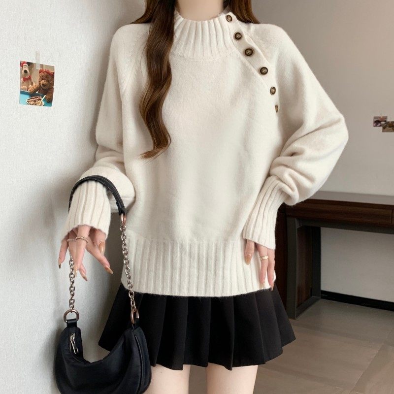 大码女装2025秋冬新款胖MM中领时尚设计感排扣插肩袖套头长袖毛衣,淘宝优惠券,粉丝福利购,淘宝优惠卷