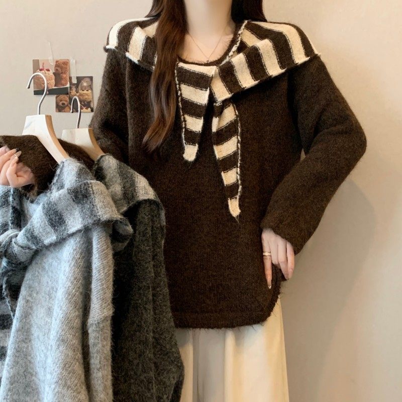 大码女装2025秋冬新款圆领纯色长袖毛衣条纹帽子披肩两件套毛衣潮,淘宝优惠券,粉丝福利购,淘宝优惠卷