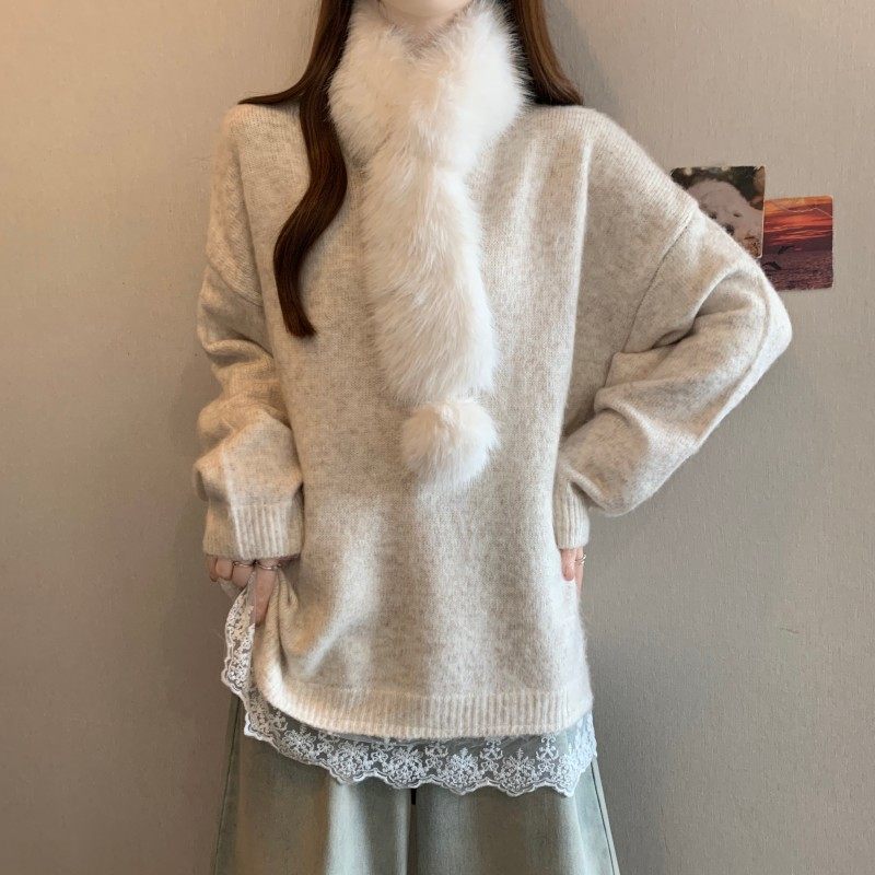 大码女装2025秋冬新款胖MM圆领拼接蕾丝下摆法式毛领长袖套头毛衣,淘宝优惠券,粉丝福利购,淘宝优惠卷