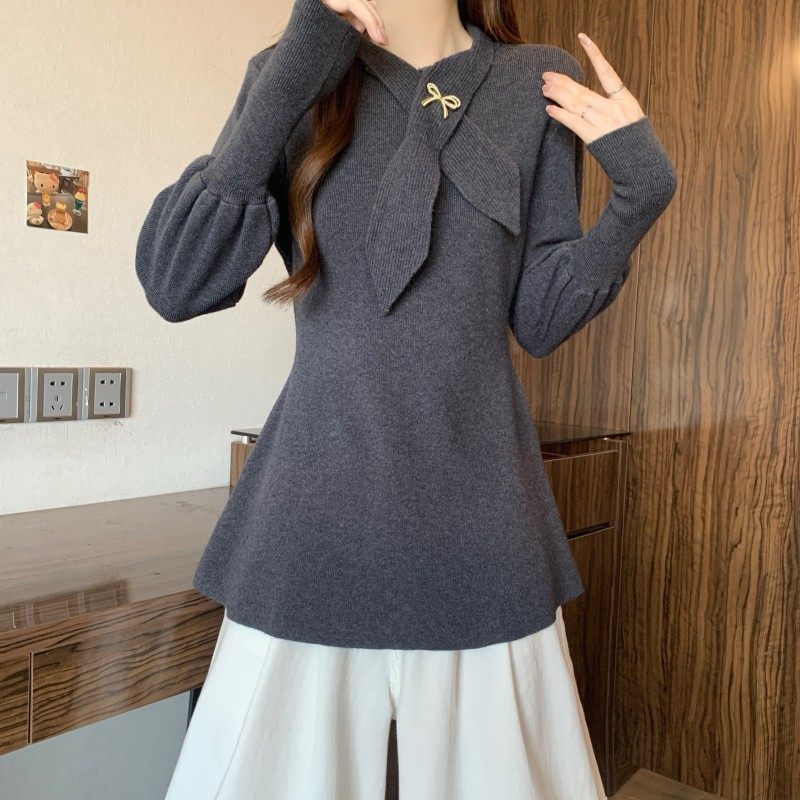 大码女装2025秋冬新款法式气质蝴蝶领结收腰正肩长袖套头上衣毛衣,淘宝优惠券,粉丝福利购,淘宝优惠卷