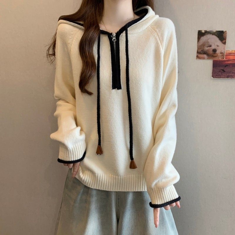 大码女装2025秋冬新款过年红撞色连帽半拉链长袖套头插肩袖毛衣潮,淘宝优惠券,粉丝福利购,淘宝优惠卷