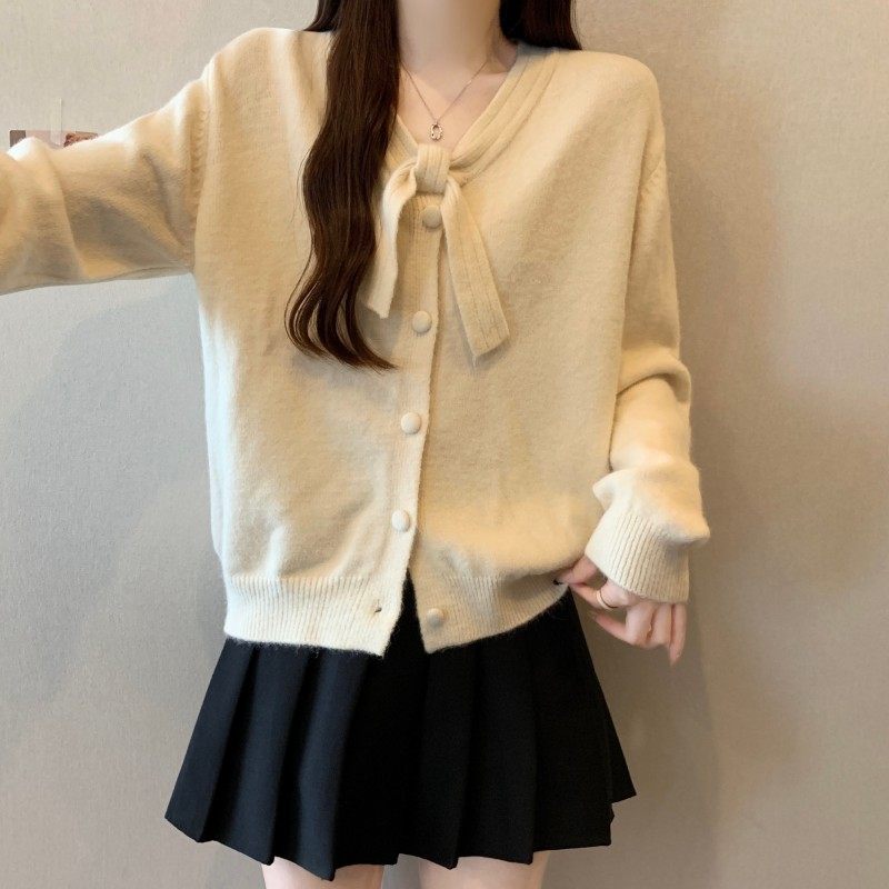 大码女装2025秋冬新款胖MM法式气质蝴蝶结领正肩长袖开衫上衣毛衣,淘宝优惠券,粉丝福利购,淘宝优惠卷