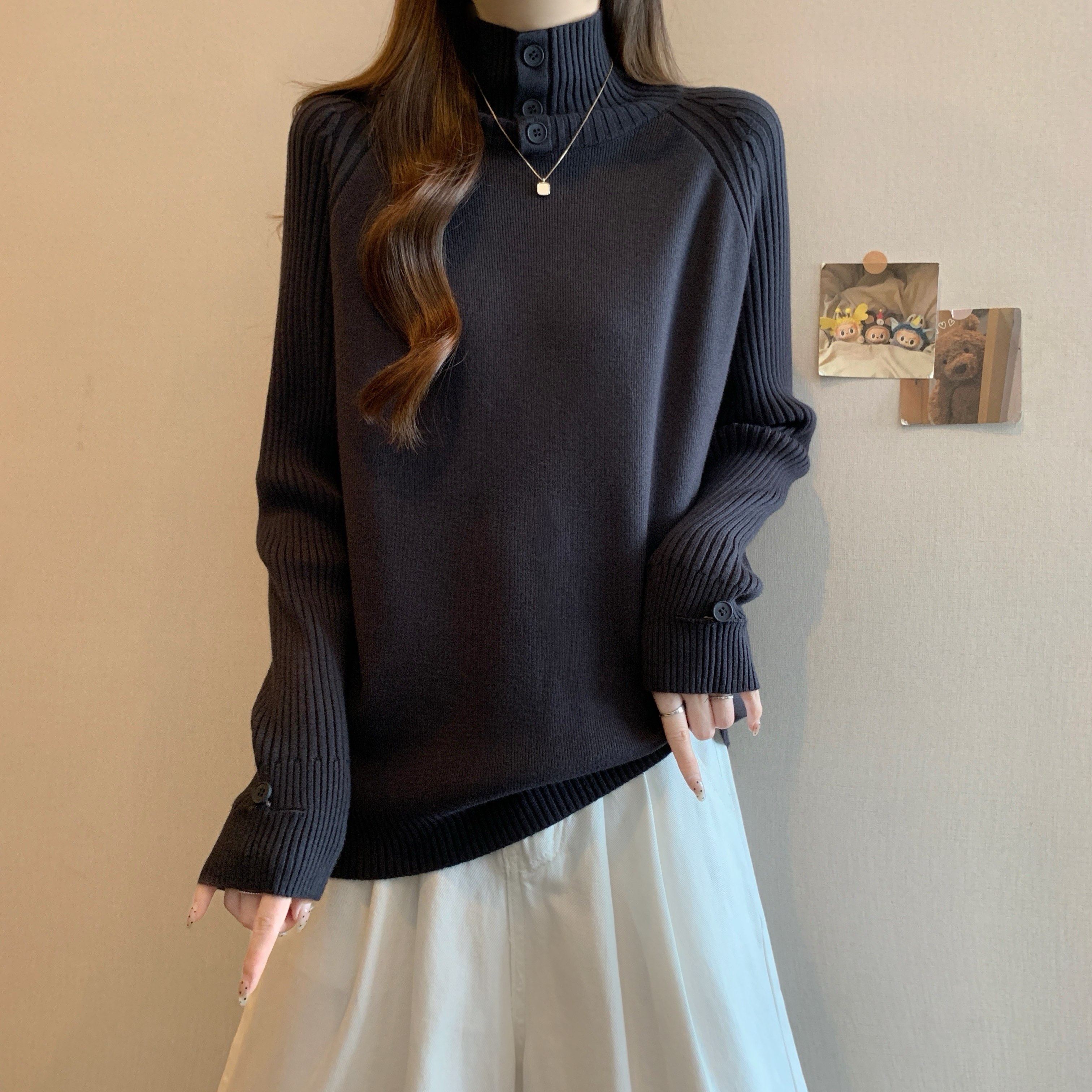 大码女装堆堆领毛衣女秋冬胖MM加厚纽扣内搭长袖上衣针织打底衫潮,淘宝优惠券,粉丝福利购,淘宝优惠卷