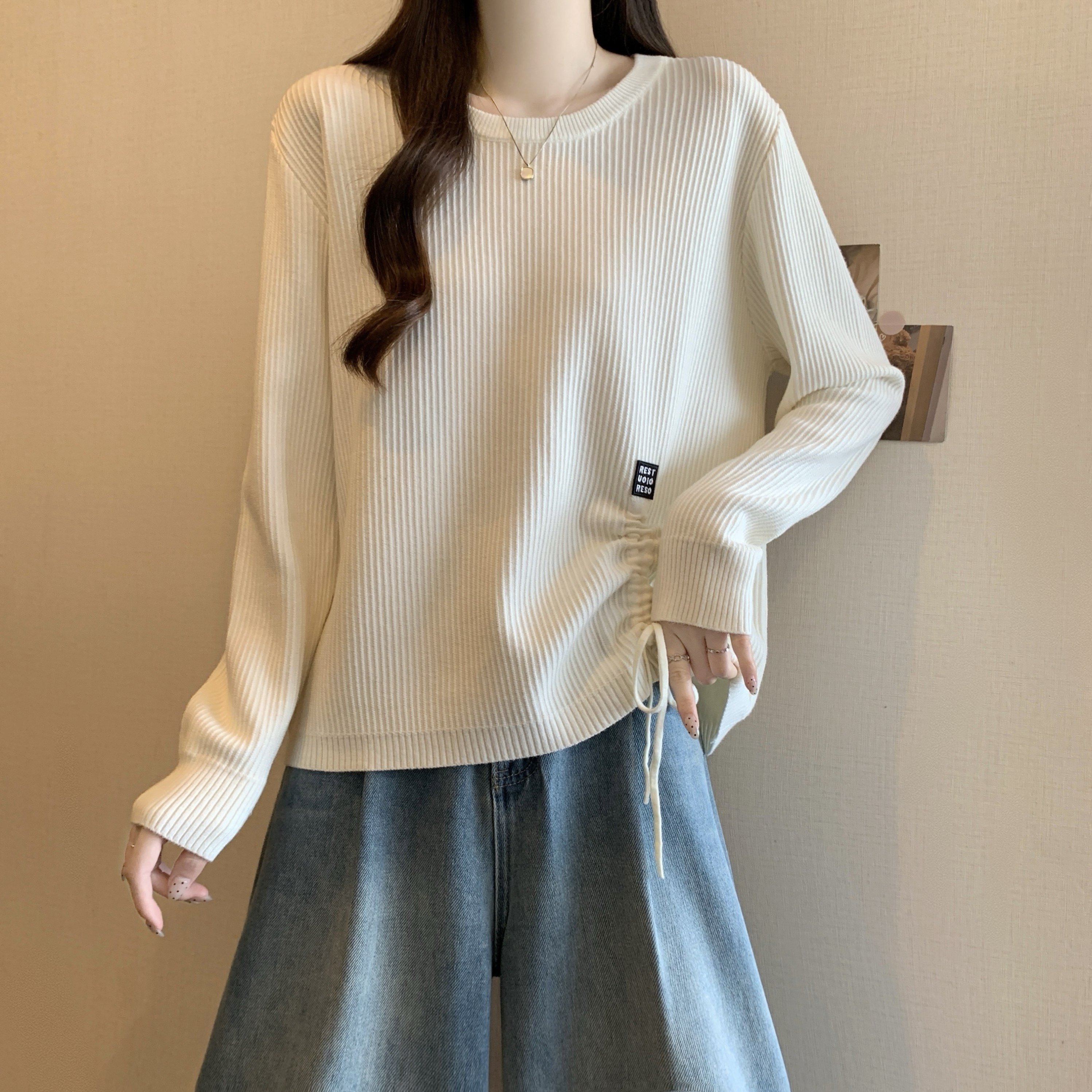 大码女装秋冬新款长袖抽绳内搭打底衫胖MM宽松百搭加厚百搭上衣潮,淘宝优惠券,粉丝福利购,淘宝优惠卷