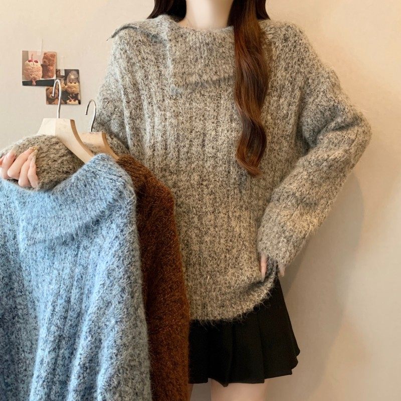 大码女装2025秋冬新款法式开衩翻领加厚长袖落肩袖上衣套头毛衣潮,淘宝优惠券,粉丝福利购,淘宝优惠卷