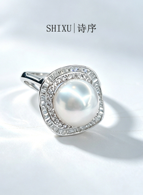 正品诸暨天然淡水珍珠戒指S925纯银托镶钻极强光开口戒高品质礼物