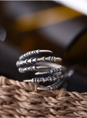 赛博欧美骷髅鹰爪可调节925纯银戒指环韩国男士情侣配饰品尾戒女