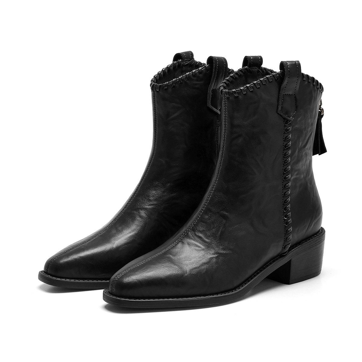 St&Sat/星期六秋冬西部牛仔靴方头粗跟后拉链短靴女SSD4116CT3,淘宝优惠券,粉丝福利购,淘宝优惠卷