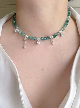 新中式撞色竹节项链玉石锁骨链