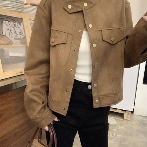 美拉德穿搭立领洋气外套女秋冬高级感复古宽松短款夹克麋鹿皮外套 - 图3