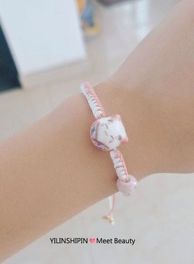 招财猫陶瓷手链幸运送闺蜜男友礼物红绳手工编织招财猫情侣手绳饰