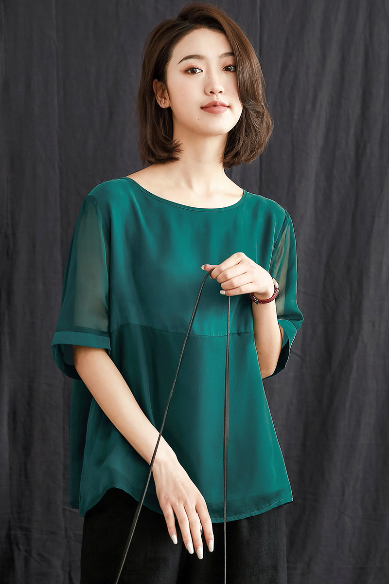 中年女士真丝大码上衣女短袖t恤 dkchenpin淘斯专卖蕾丝衫/雪纺衫