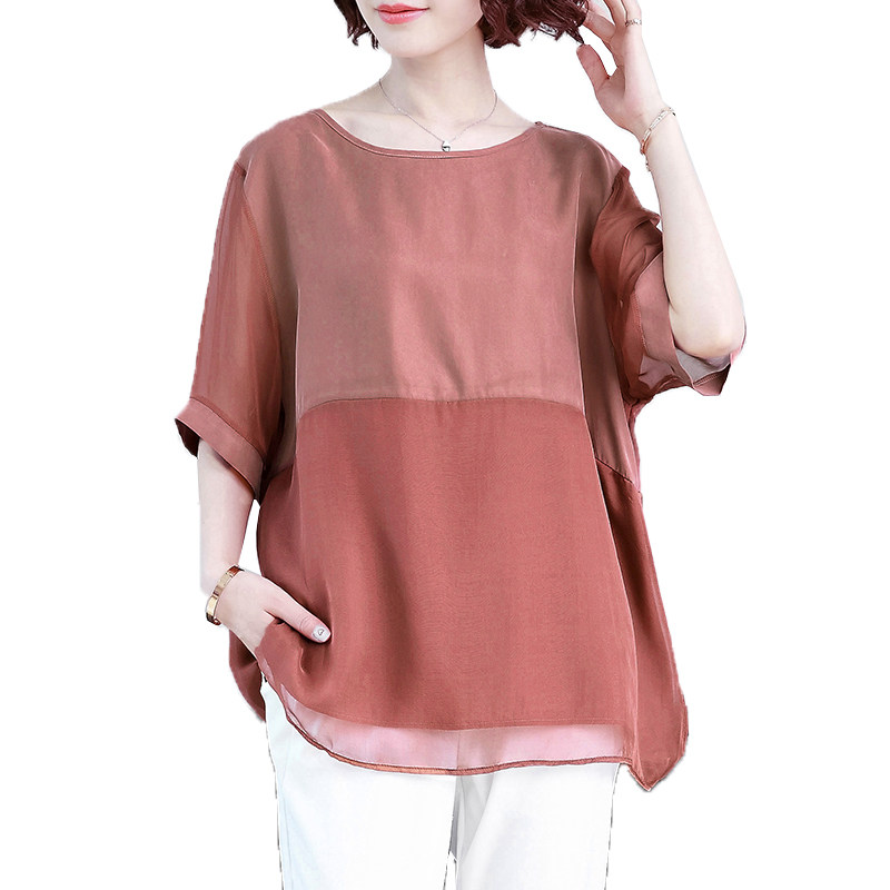 中年女士真丝大码上衣女短袖t恤 dkchenpin淘斯专卖蕾丝衫/雪纺衫