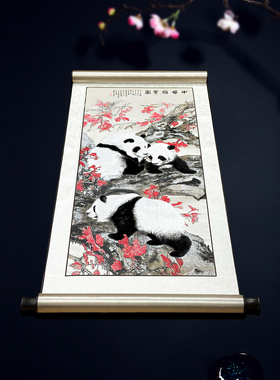 熊猫蜀锦蜀绣丝绸刺绣卷轴挂画中国风特色出国送老外礼物