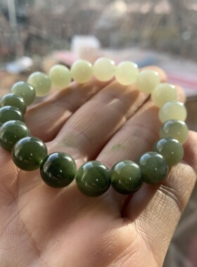 【和田玉手串送证书】渐变天然晴水素圈冰晴湖水绿单珠约10mm