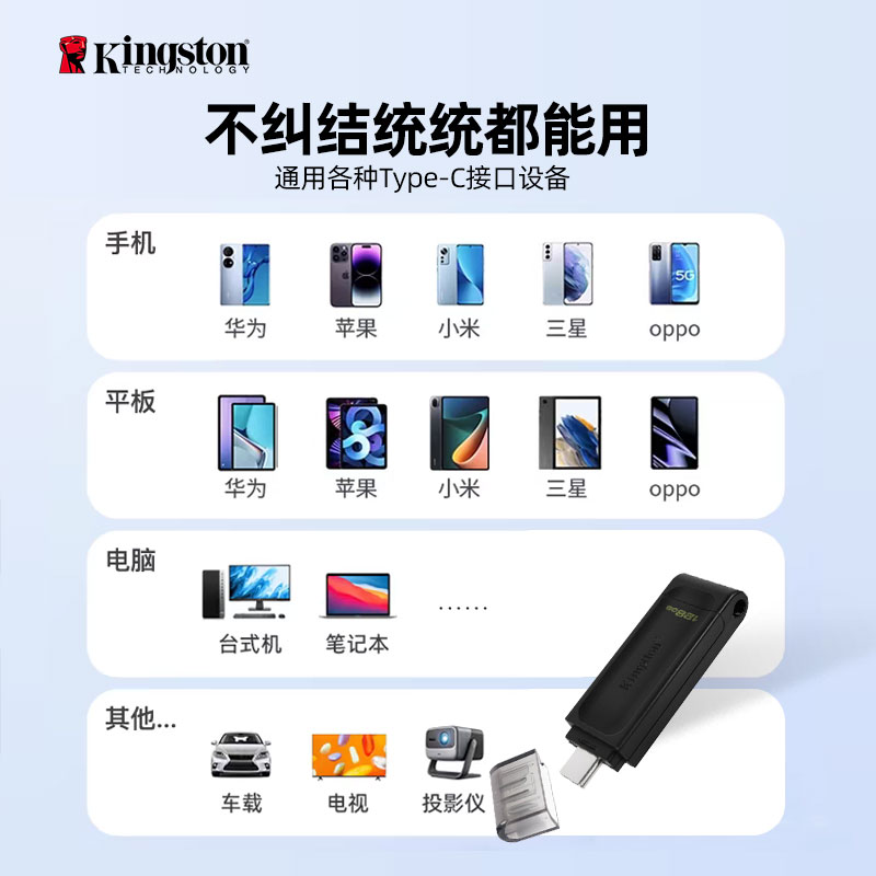 金士顿 DT70 64/128/256G高速U盘TYPE-C单接口办公出差用手机u盘 - 图2