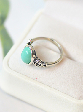 天然绿松石蓝松淡雅S925银纯银复古做旧泰银风格元宝钱币开口戒指