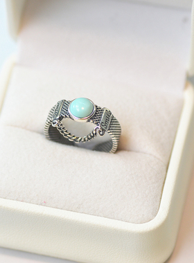 天然绿松石旧泰银链条开口戒指