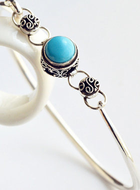 s925银饰镶嵌天然绿松石清新手镯