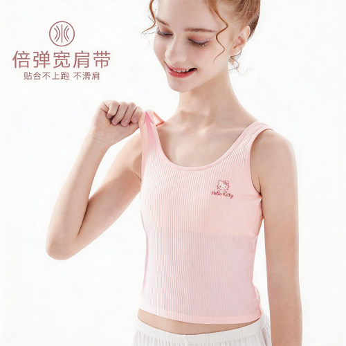 女童背心青春发育期内衣抹胸儿童夏季薄款透气带胸垫纯棉内穿吊带 - 图0