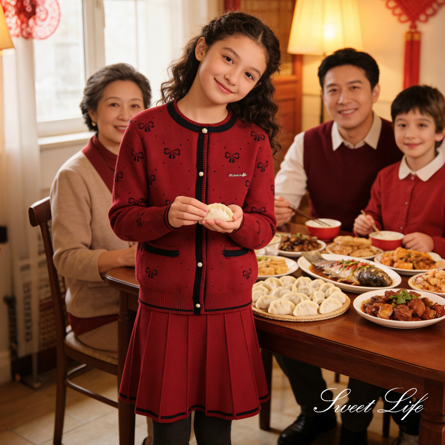 迪士尼女童套装儿童学院风红色毛衣开衫冬季新年针织裙子两件套,淘宝优惠券,粉丝福利购,淘宝优惠卷