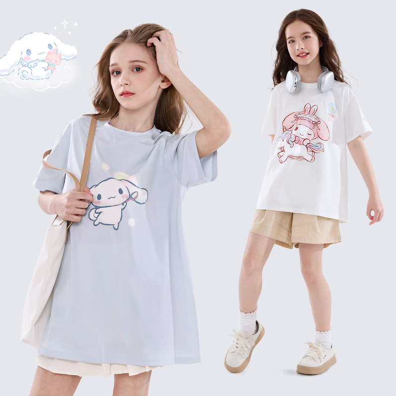 美乐蒂女童短袖T恤夏季2025新款儿童中长款t恤裙宽松版大童上衣,淘宝优惠券,粉丝福利购,淘宝优惠卷