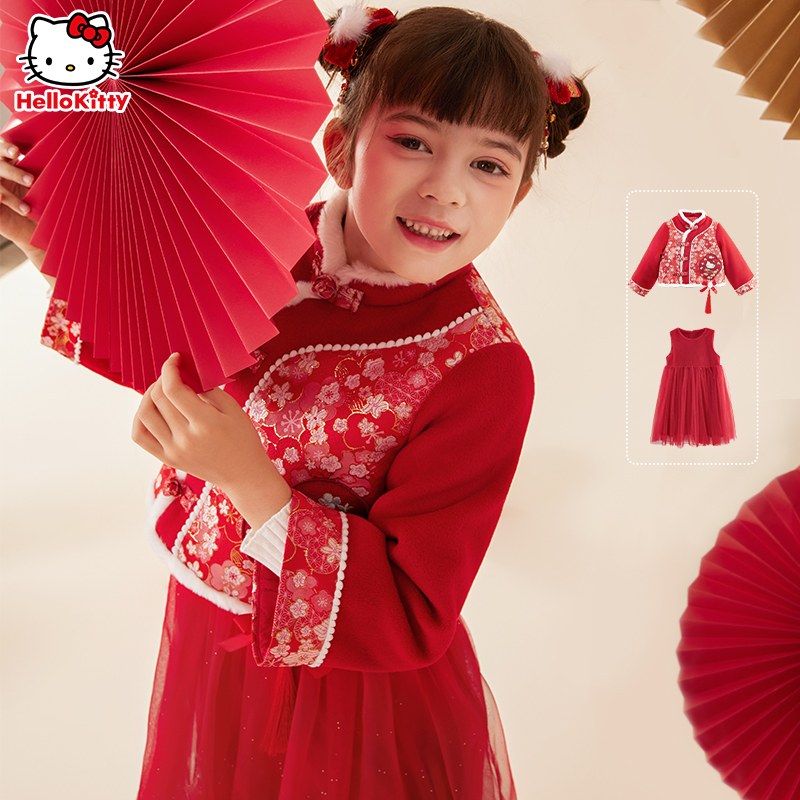 拜年服女童汉服连衣裙加厚新年唐装外套冬装新款拜年服国风套装 - 图0