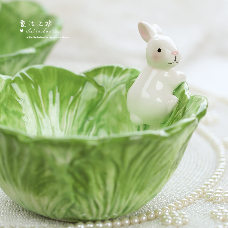 卡通動物陶瓷創意收納可愛萌物手繪小白兔果盤沙拉碗 白菜兔子碗