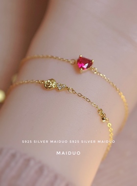 显白玫红心简约手链玫瑰花金色银色s925纯银镶钻女镀14k金小清新