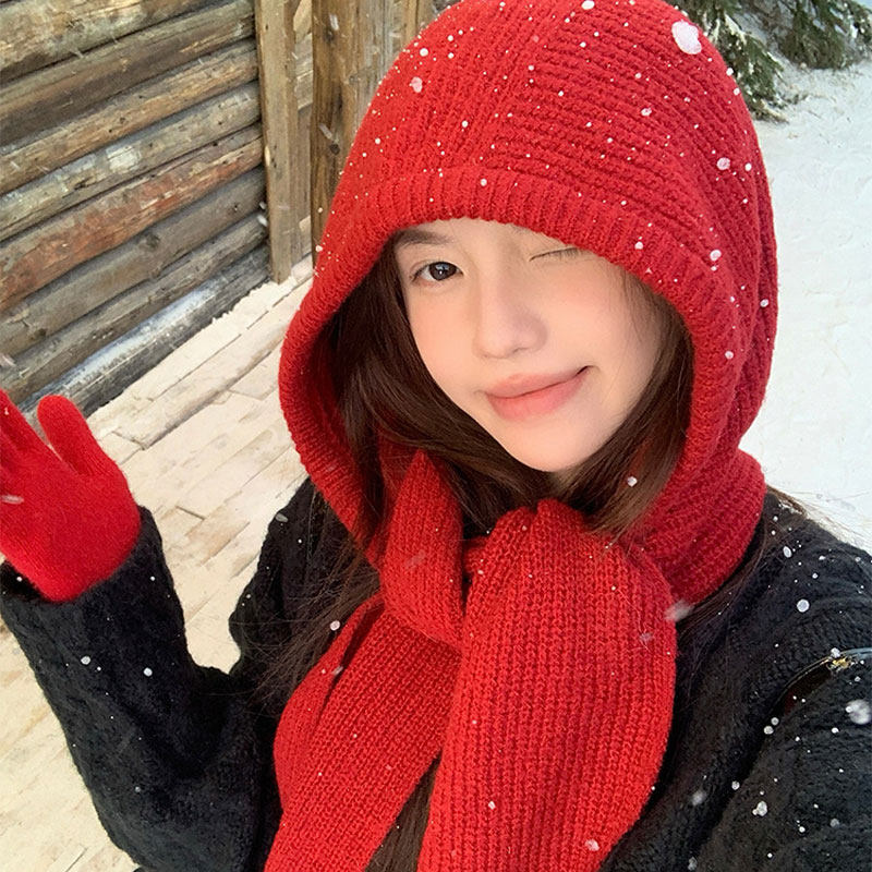 新款巴拉克拉法帽女秋冬保暖毛线帽子红色围巾一体连帽围脖针织帽,淘宝优惠券,粉丝福利购,淘宝优惠卷