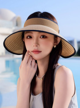 新款空顶草帽女夏季遮阳帽蝴蝶结大帽檐防晒遮脸显脸小太阳沙滩帽
