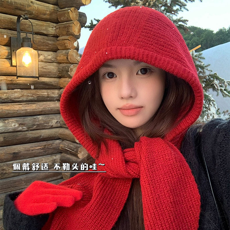 新款巴拉克拉法帽女秋冬保暖毛线帽子红色围巾一体连帽围脖针织帽,淘宝优惠券,粉丝福利购,淘宝优惠卷